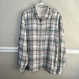 Baird McNutt Murano Mens XL Linen Plaid Shirt Gray Pink Beach Resort Coastal